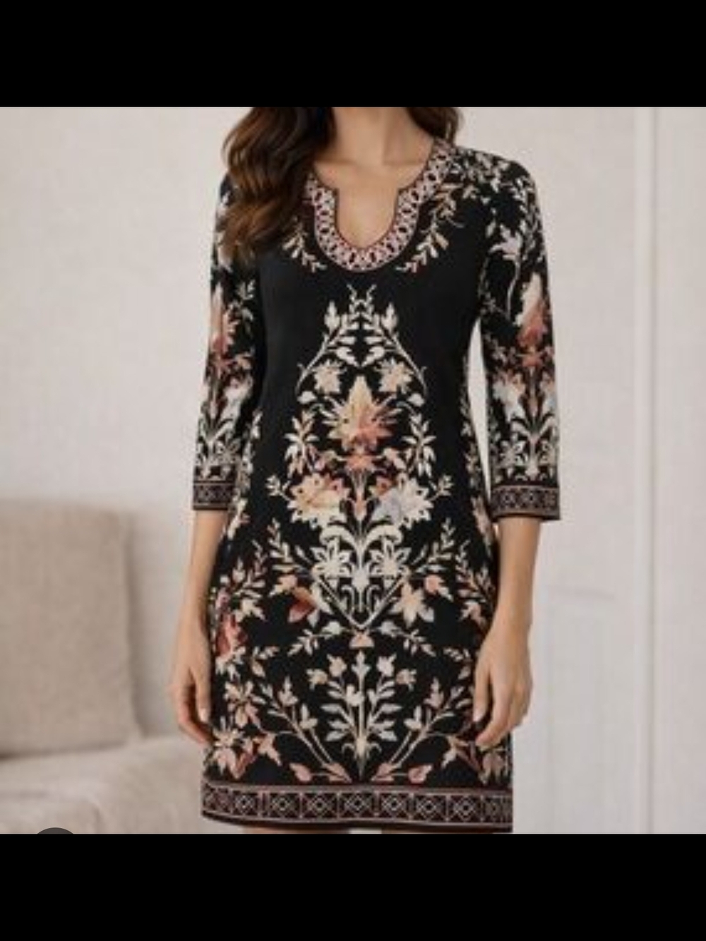 White House Black Market Black Mini Dress with Pink and Cream Floral Motif